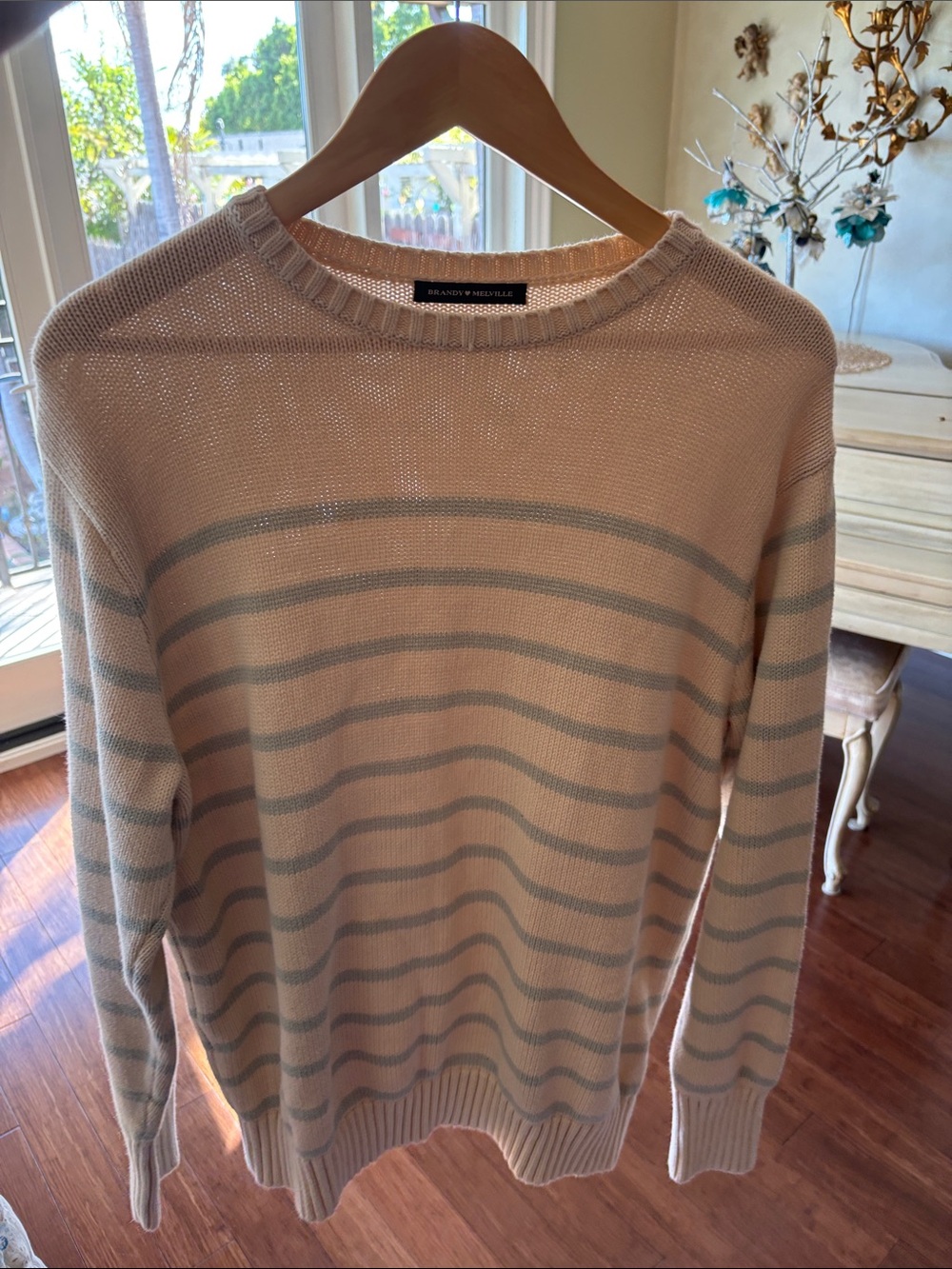 Brandy Melville Men’s Crewneck Sweater in Beige and Light Blue Stripes